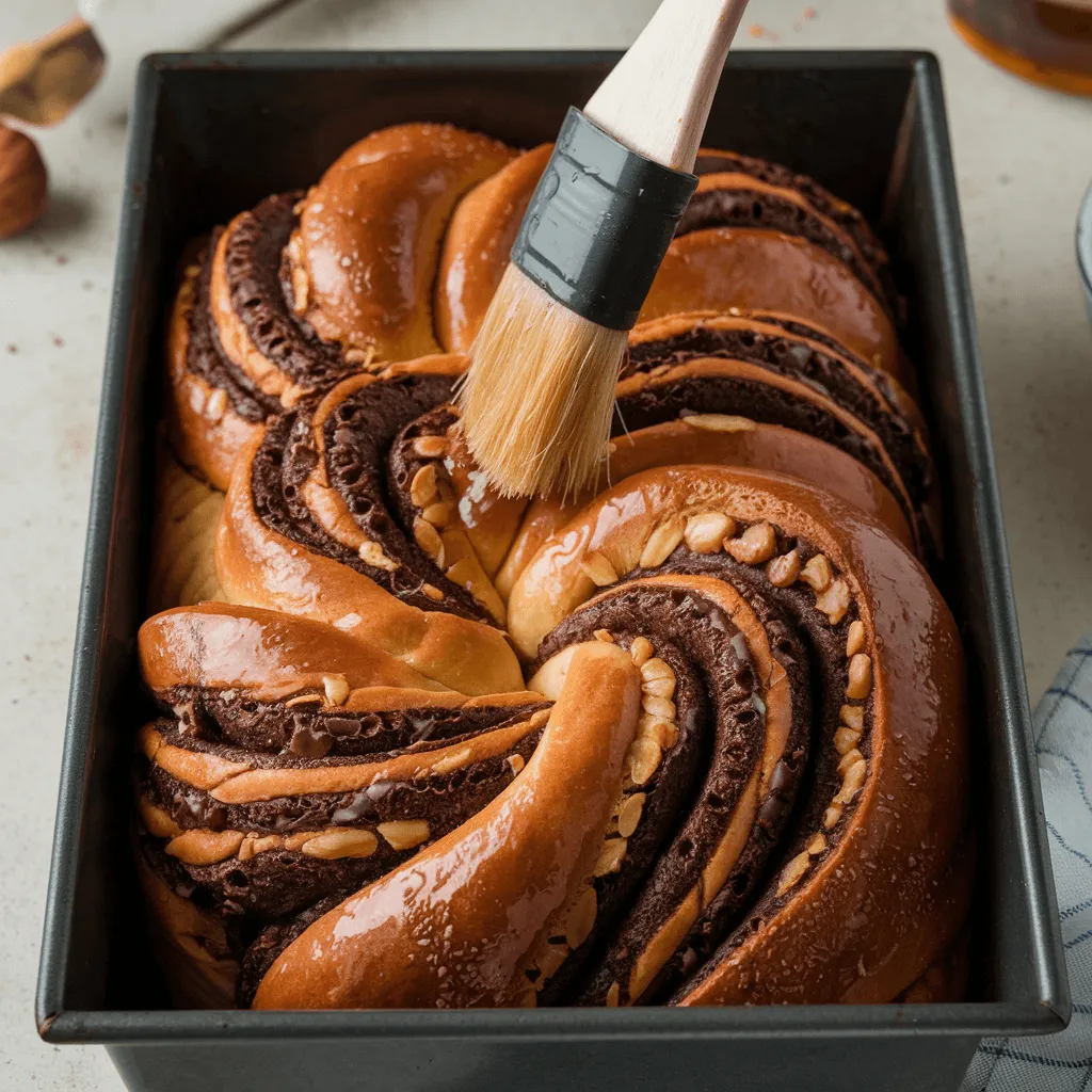 Babka loaf fresh out of the oven with a glossy syrup glaze