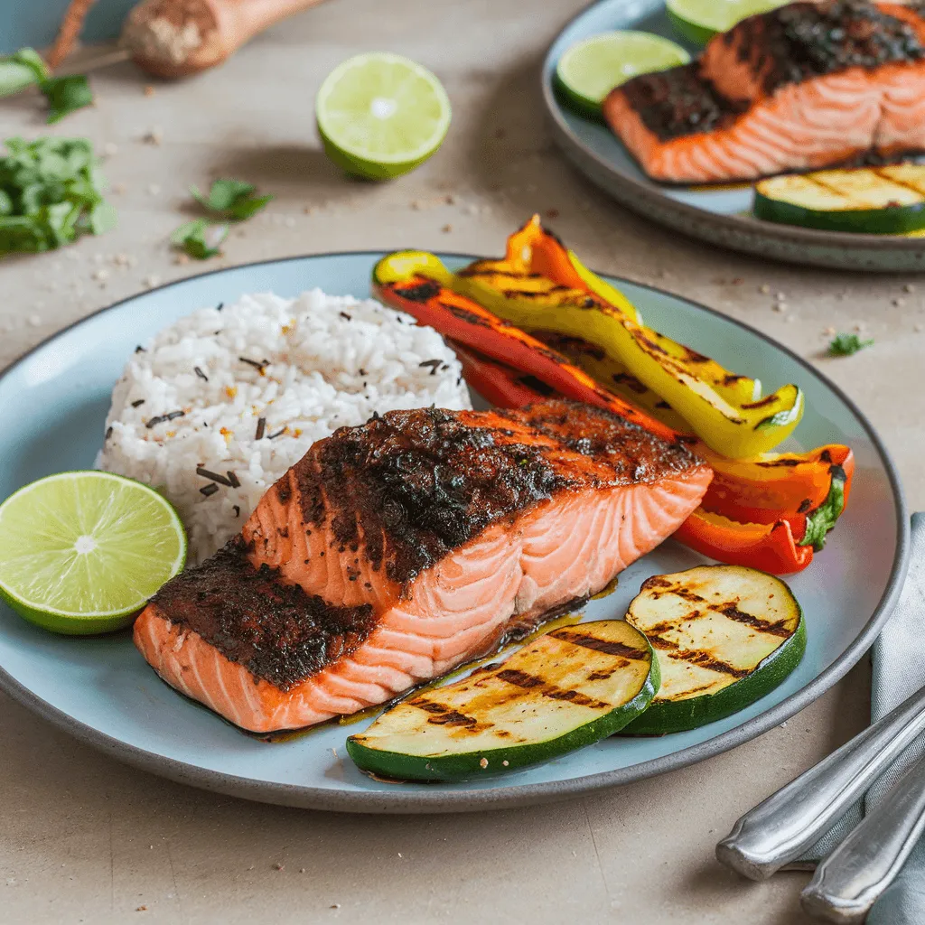 Sweet Chili Lime Salmon with coconut rice and roasted vegetables