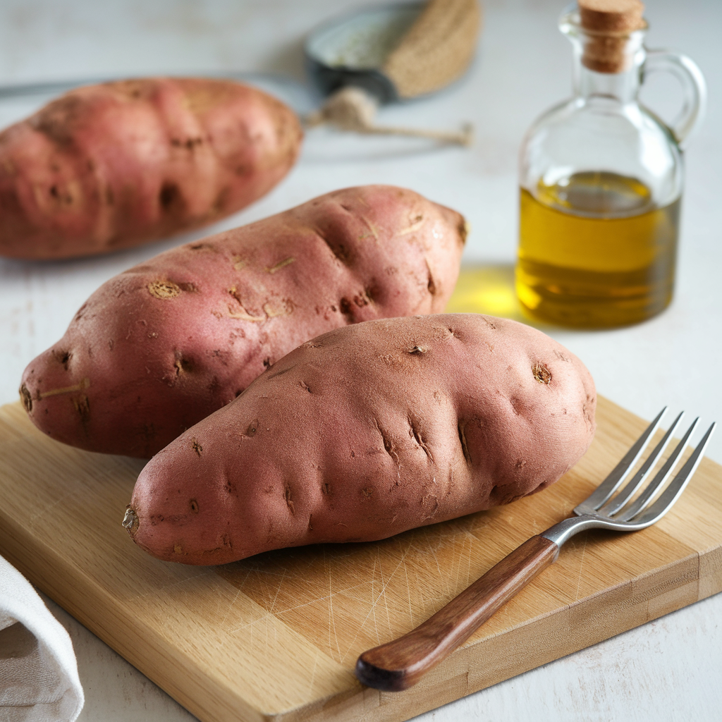 "Whole sweet potatoes prepped for roasting"