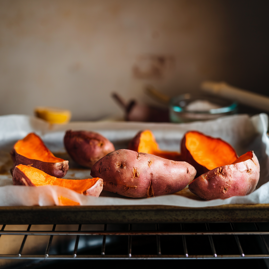 "Roasted whole sweet potatoes in oven"