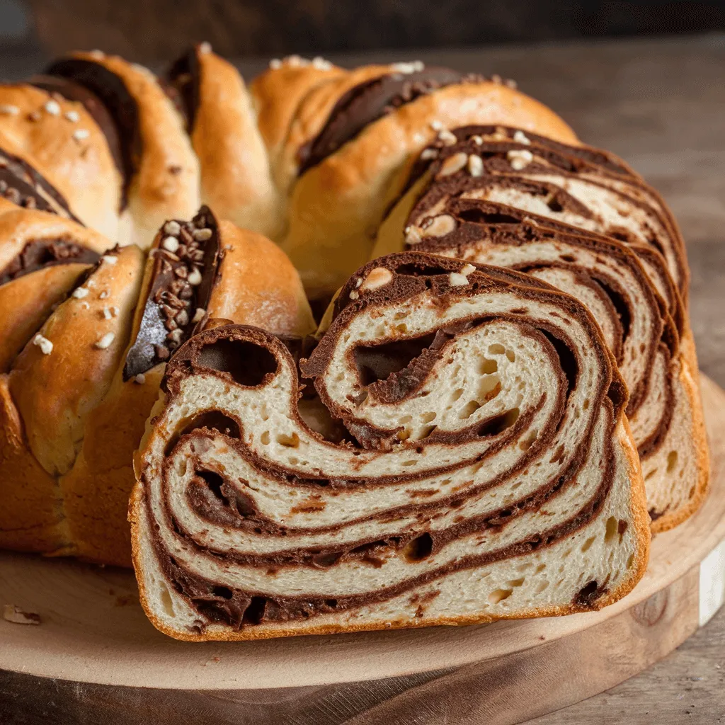 Sliced Chocolate-Hazelnut Babka revealing rich chocolate layers