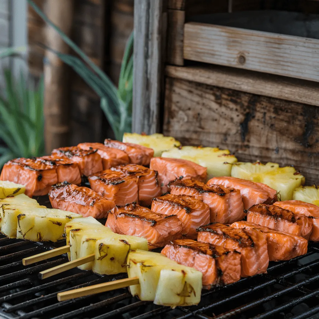 Sweet and savory salmon pineapple skewers