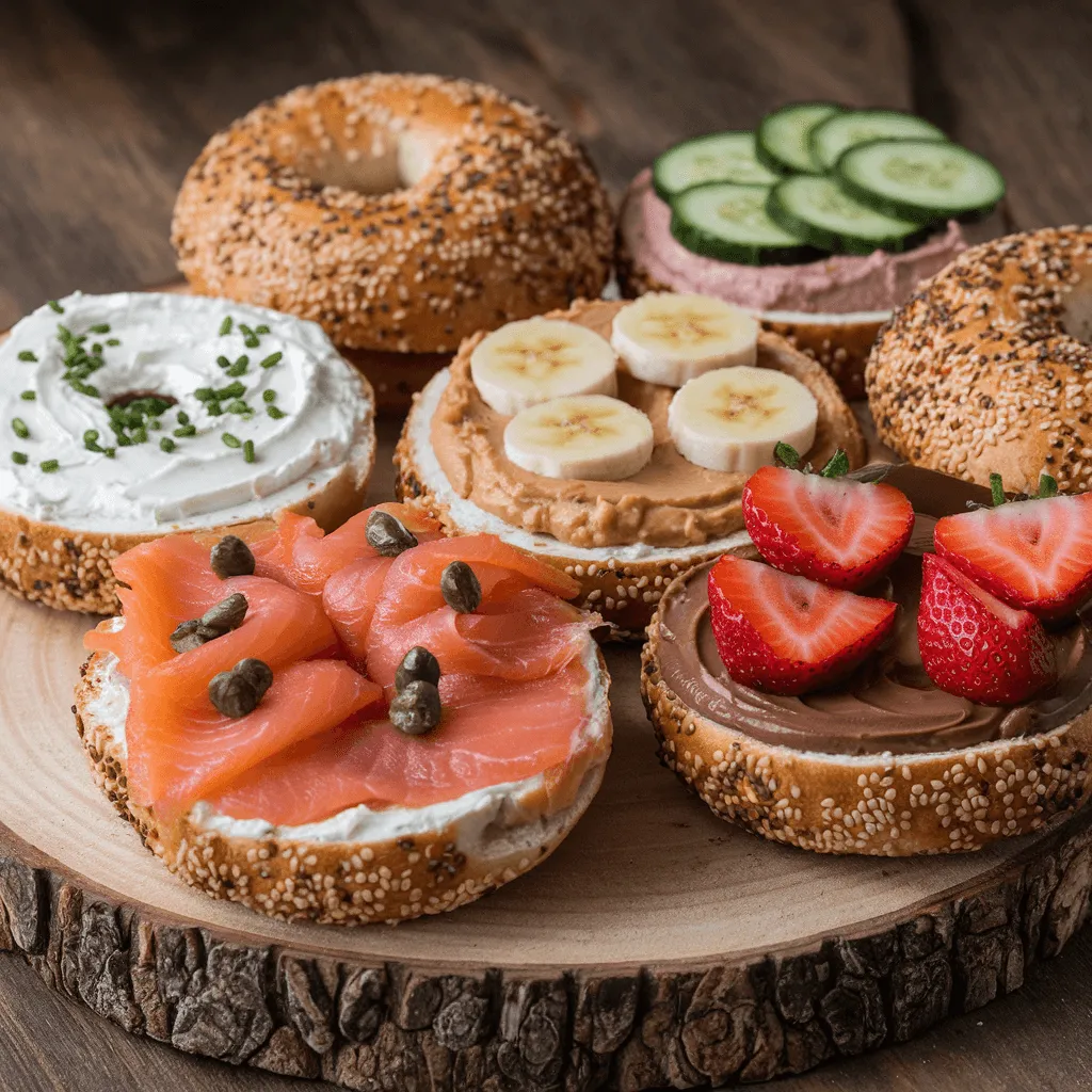 Assorted sesame seed bagels with various spreads and toppings