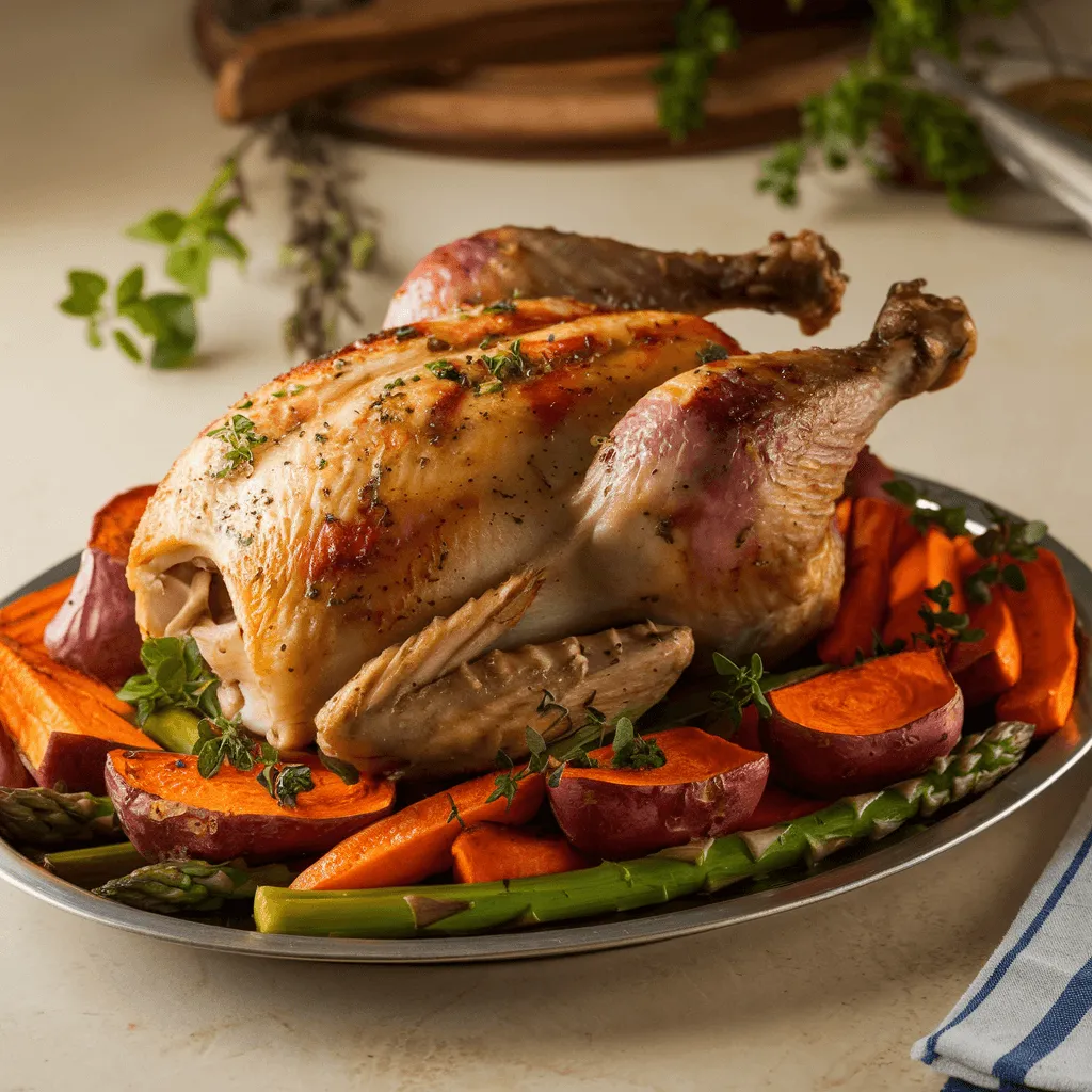 Whole roast chicken with vegetables