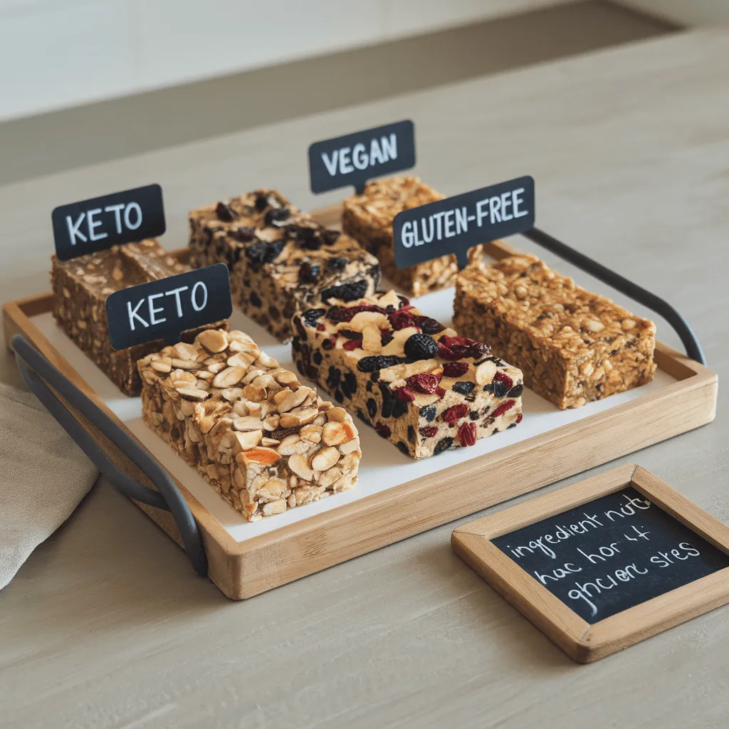 Keto and Vegan Emergency Food Bars with Different Ingredients