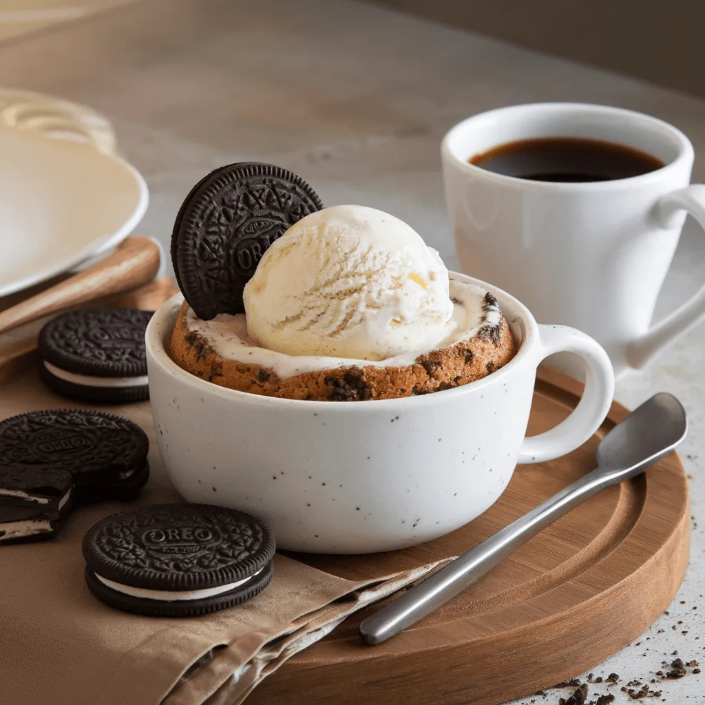 Oreo Mug Cake with a side of vanilla ice cream