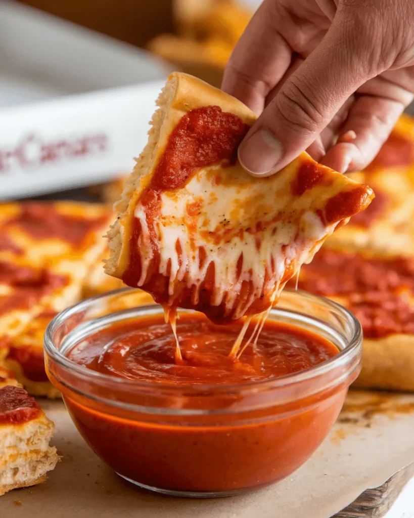 Dipping Little Caesars Italian Cheese Bread into marinara sauce