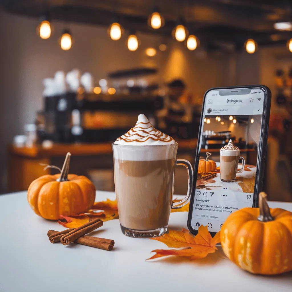 A Pumpkin Spice Chai Latte on a trendy café table with a phone and fall decor