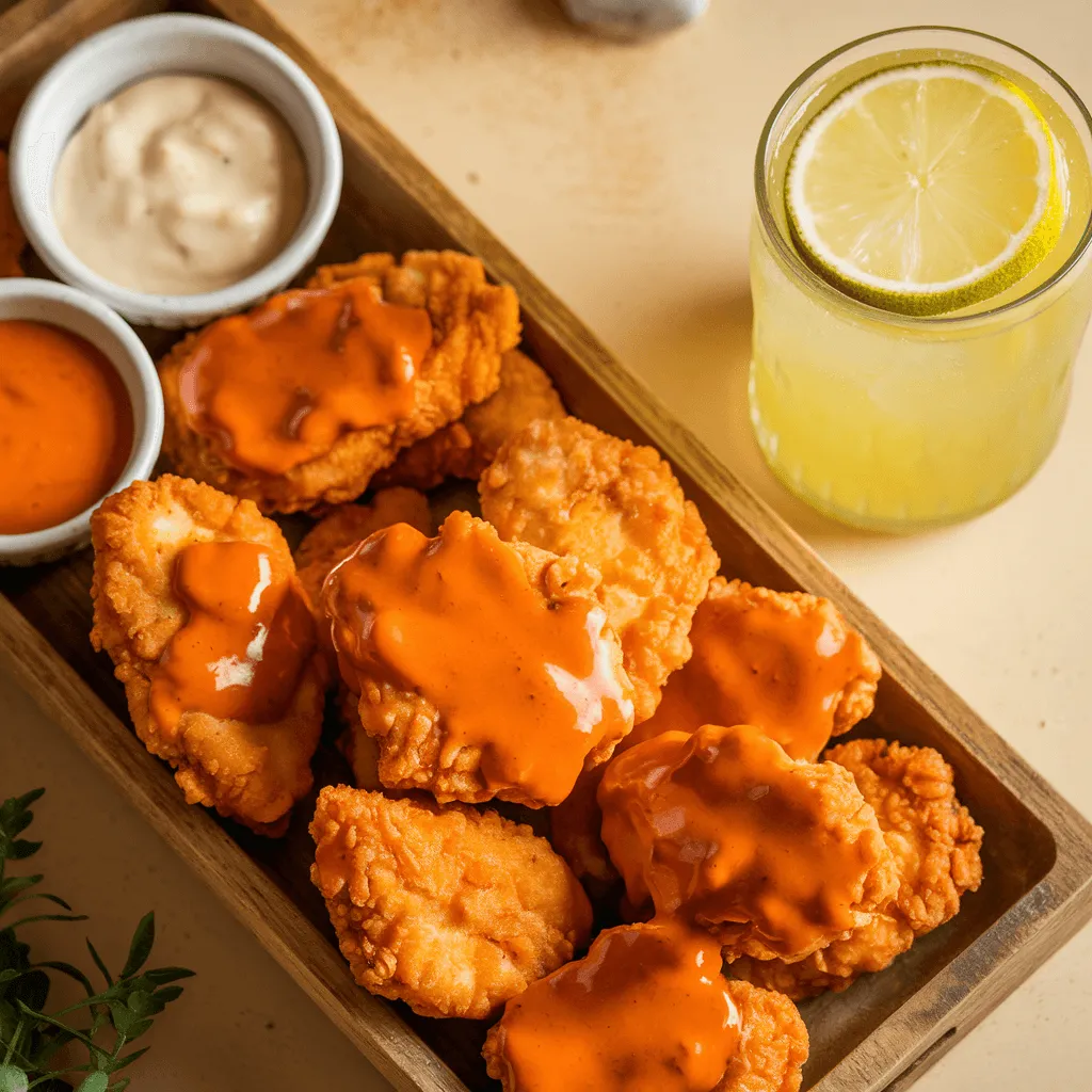 Boneless chicken wings with dipping sauces