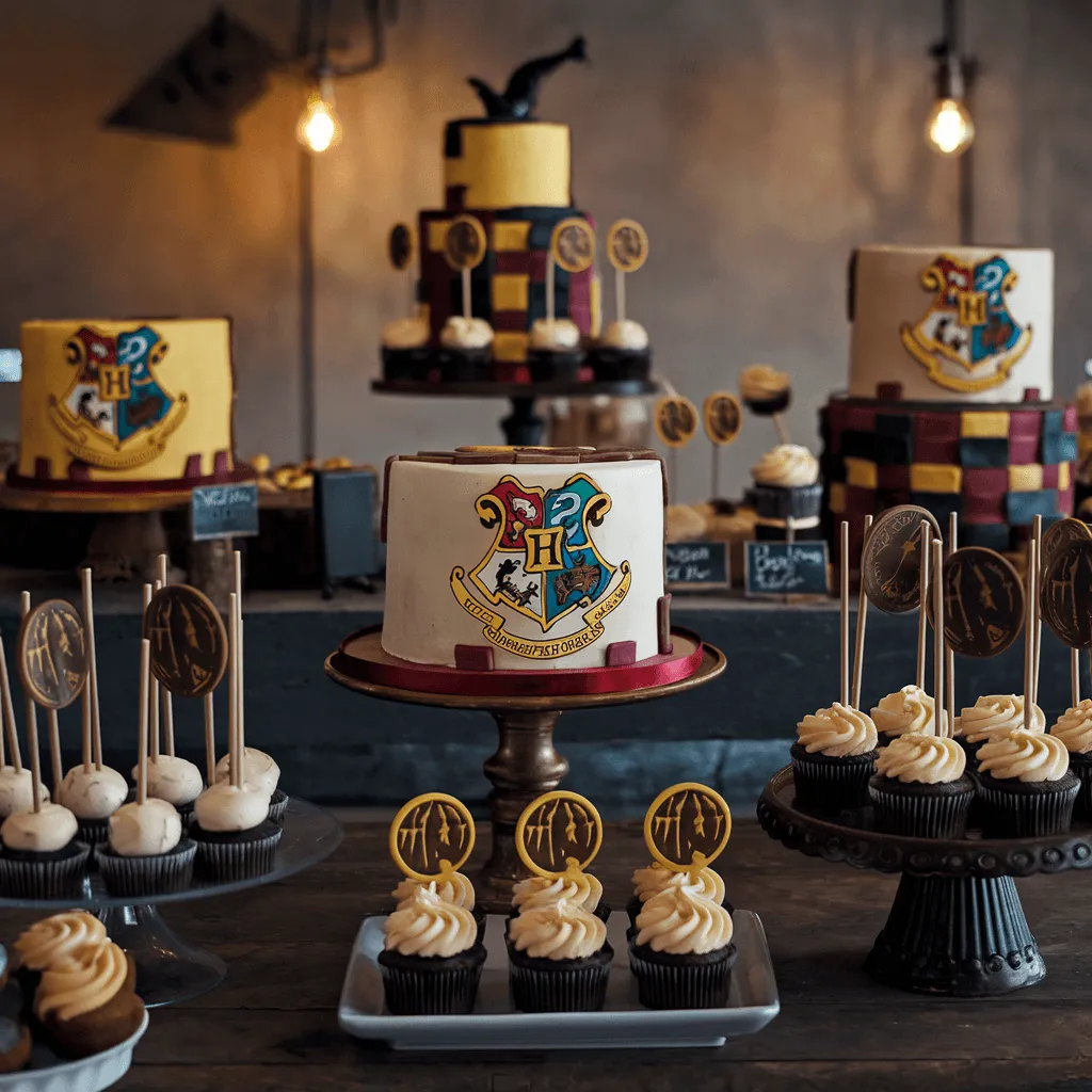 A Harry Potter-themed bakery display with cakes and cupcakes