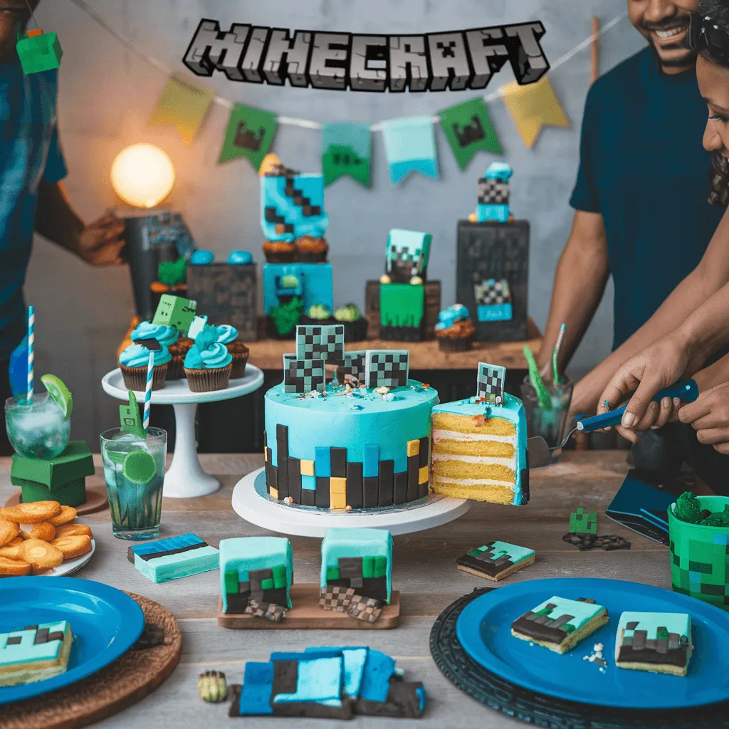 Minecraft Cake Being Served at a Party