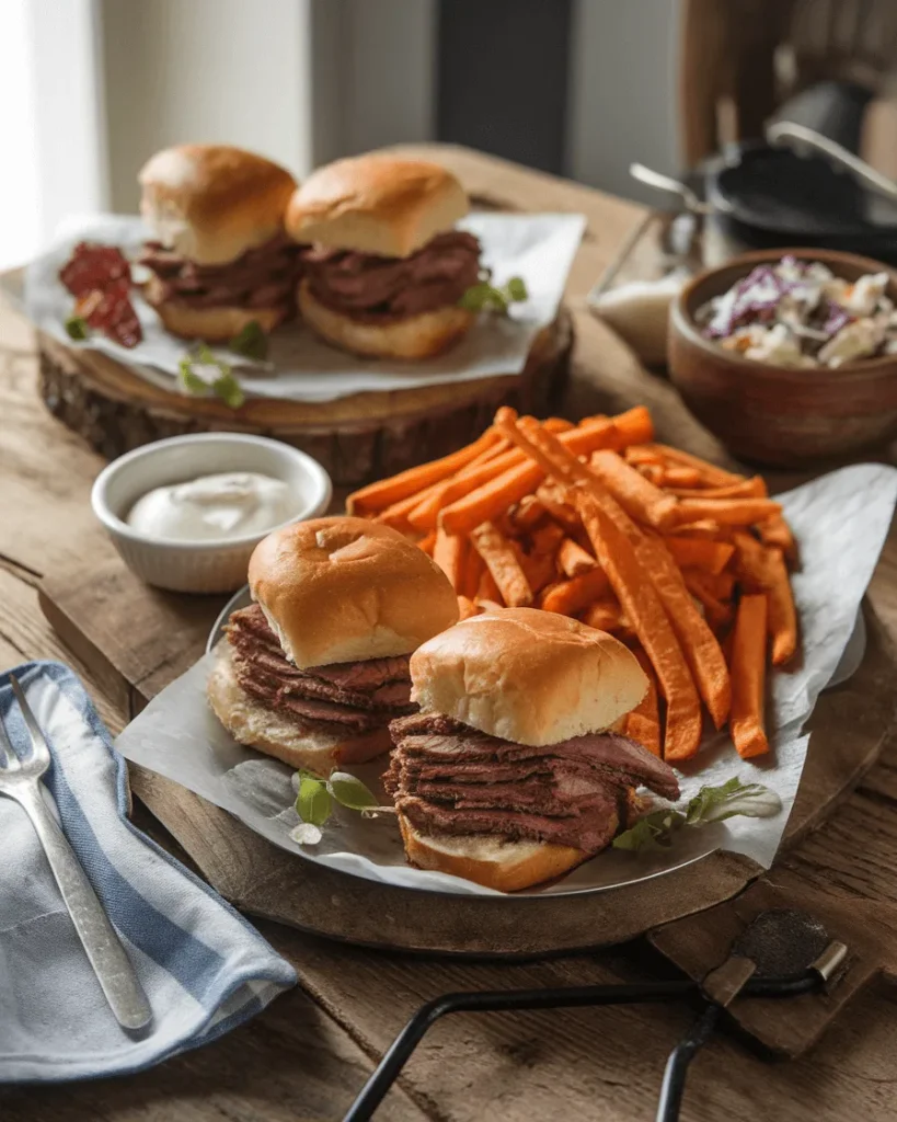 Roast beef sliders served with side dishes