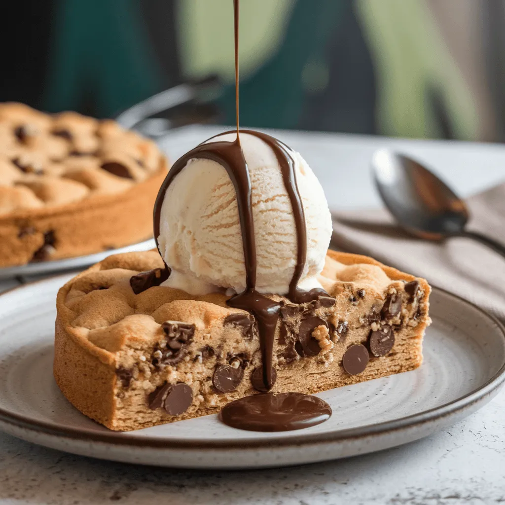 Cookie cake served with vanilla ice cream