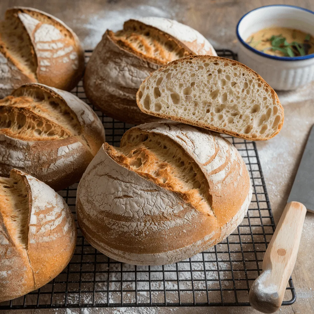 Homemade sourdough bread bowls cooling on a rack