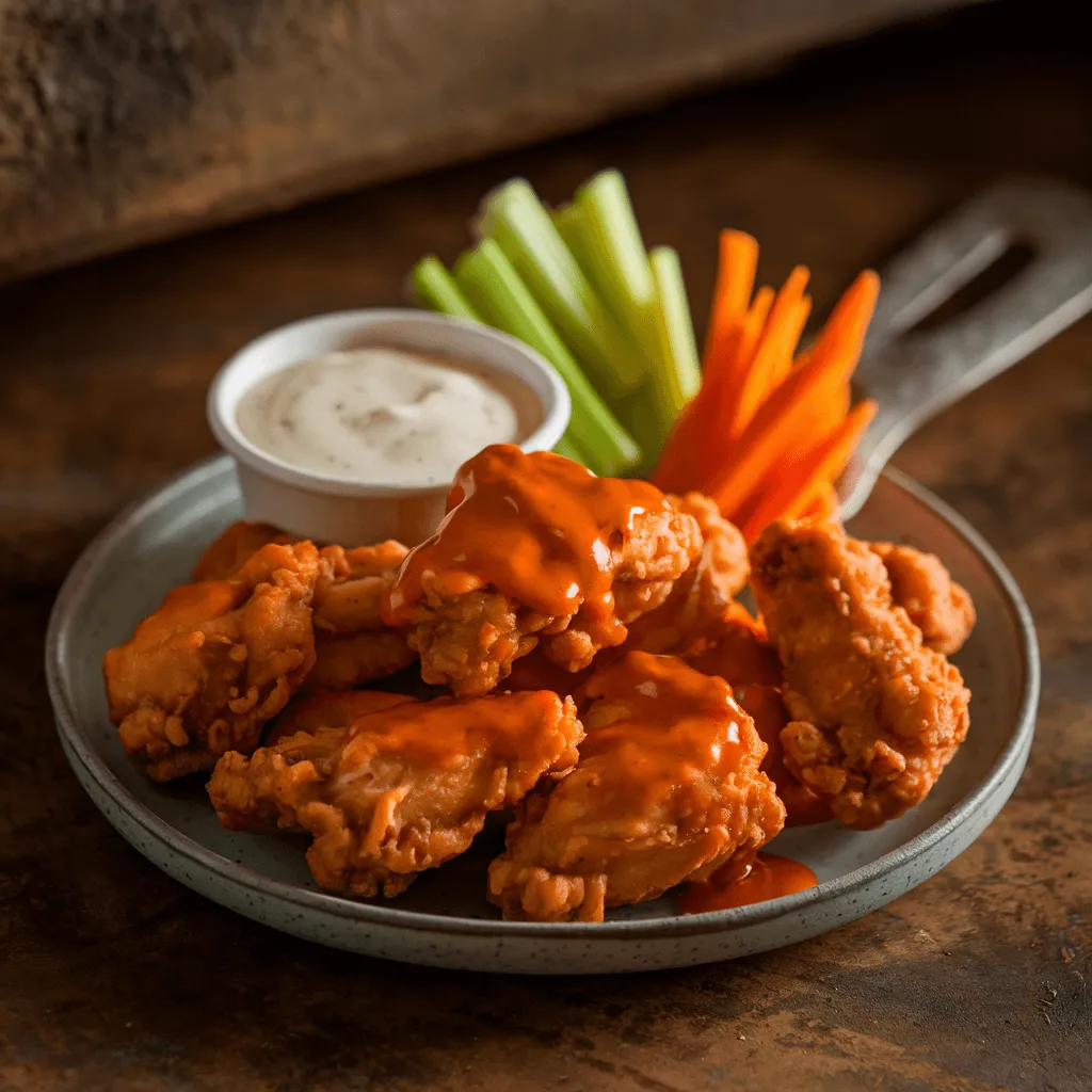 Boneless chicken wings tossed in buffalo sauce