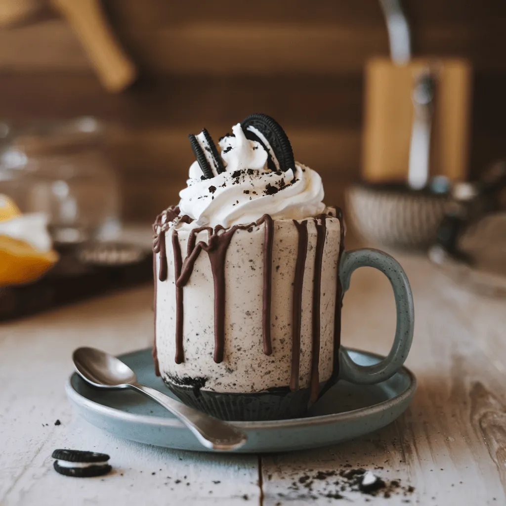 Oreo Mug Cake topped with whipped cream and chocolate drizzle