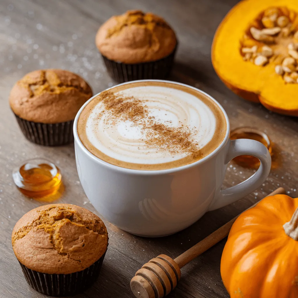 Pumpkin Spice Chai Latte with a plate of muffins and cinnamon sticks