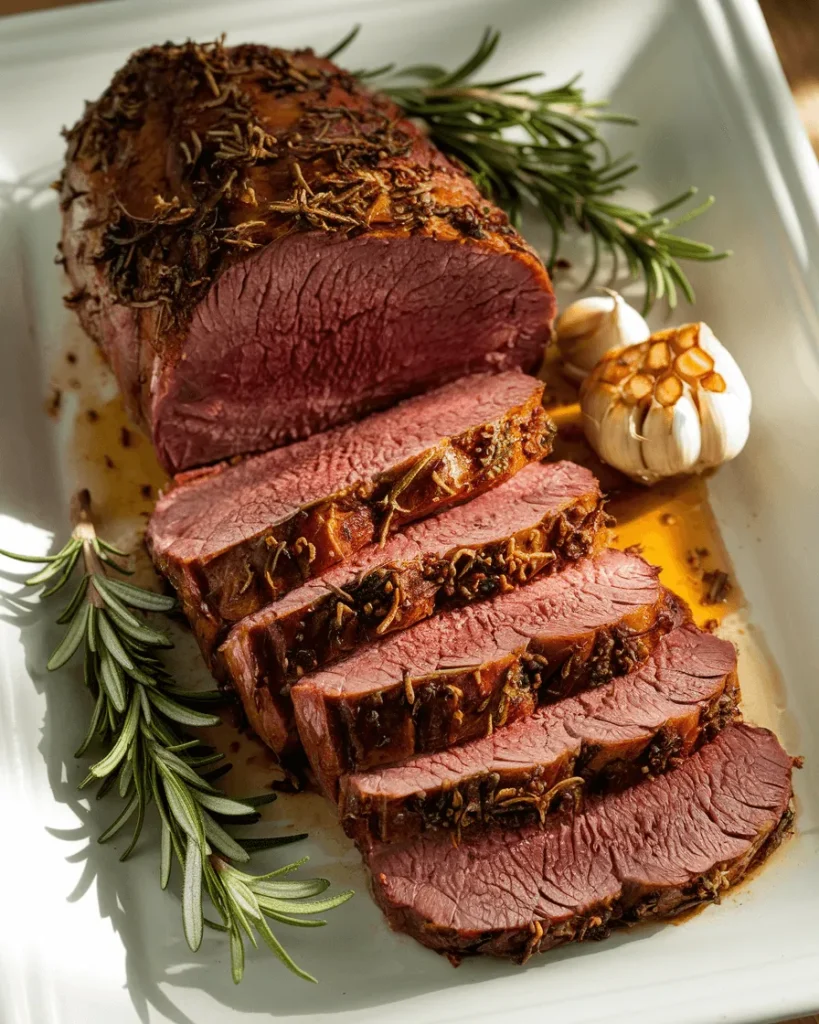 Sliced venison roast with rosemary and garlic