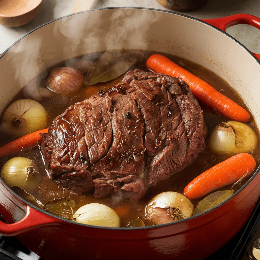 Yankee pot roast slow cooking in a Dutch oven