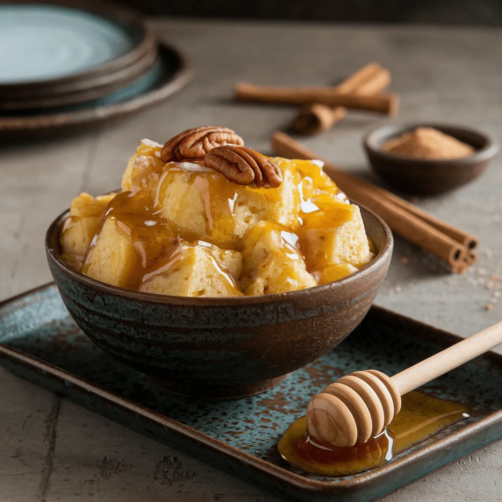 Sweet corn bread pudding topped with honey and nuts