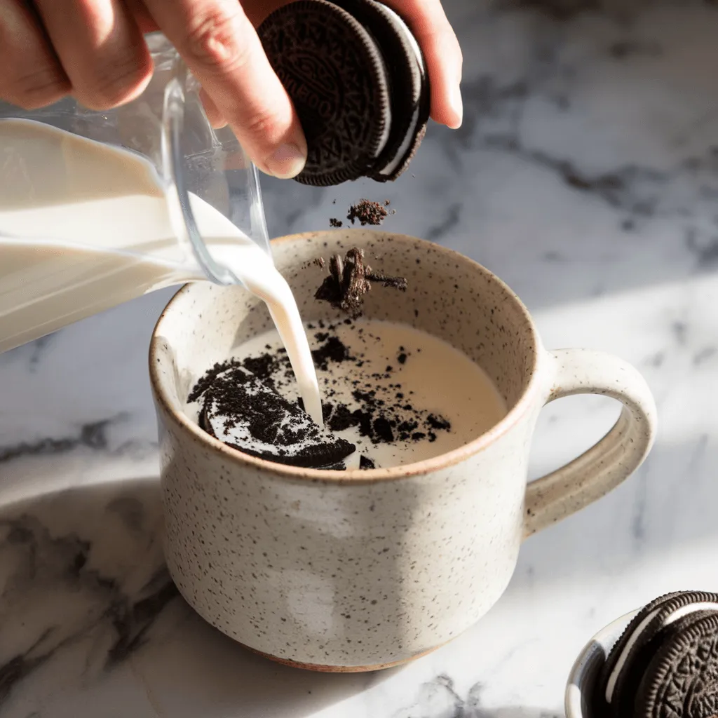 Crushing Oreos into a mug with milk