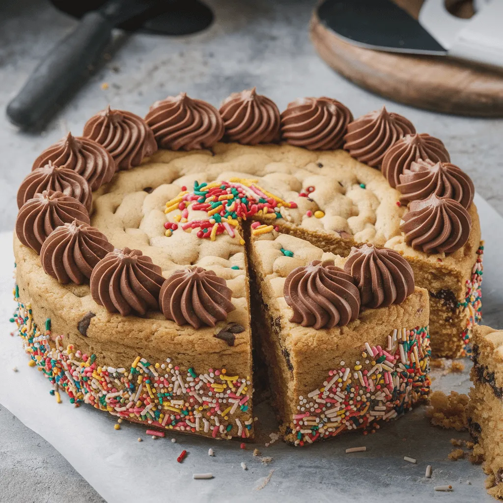 Chocolate chip cookie cake with frosting swirls and sprinkles