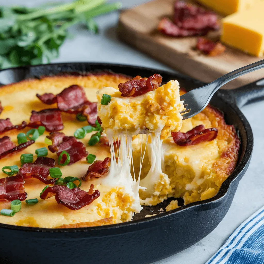 Savory corn bread pudding with cheese and bacon