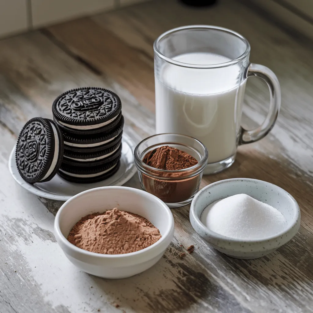 Oreo Mug Cake ingredients on a wooden countertop