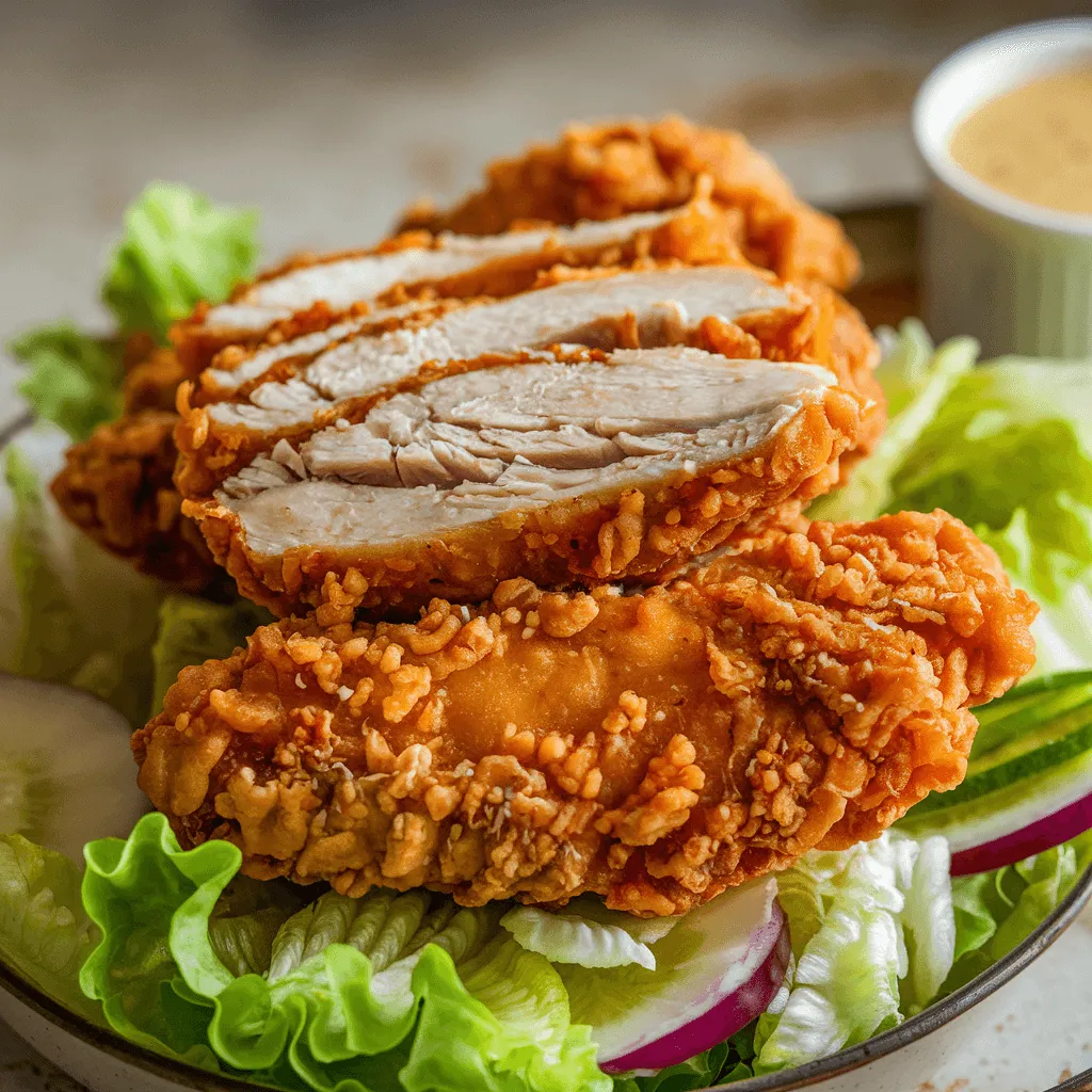 Close-up of crispy chicken on a salad