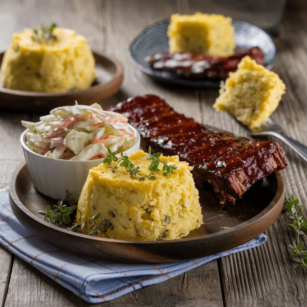 A plated serving of corn bread pudding with a side dish