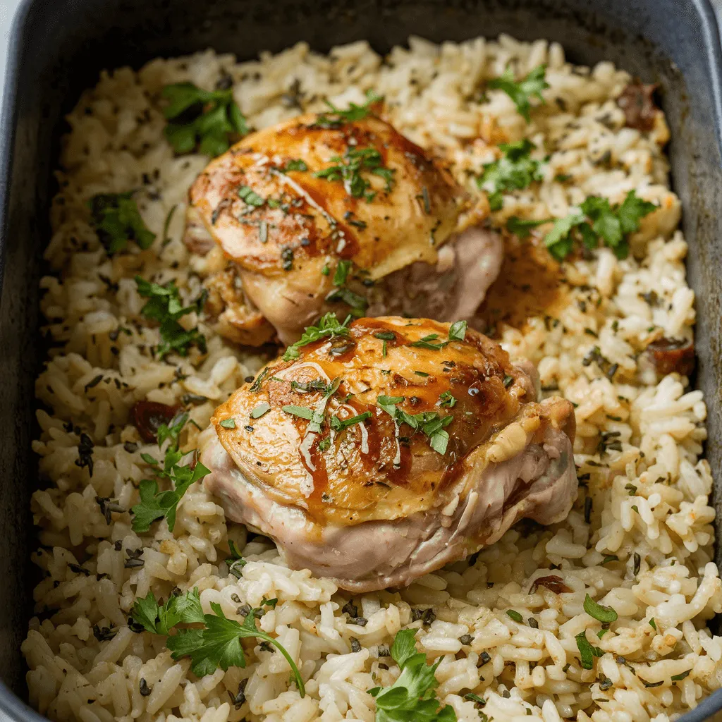 Braised chicken thighs resting on seasoned rice, ready to serve