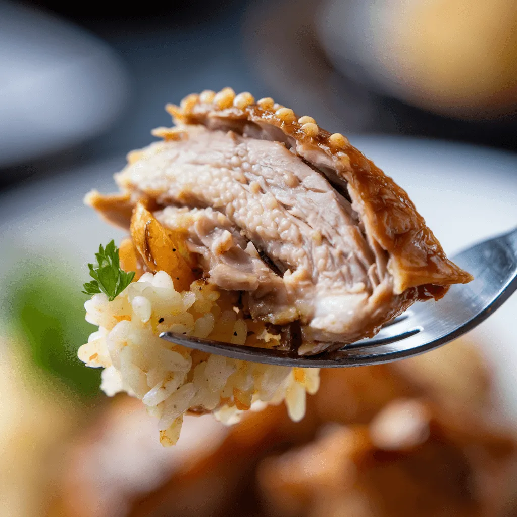 A bite of crispy braised chicken thigh with rice on a fork