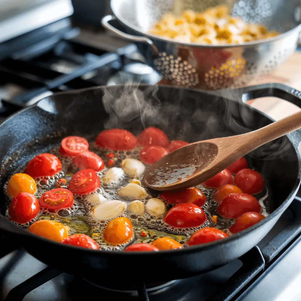 Cooking process of burrata pasta with garlic and tomatoes