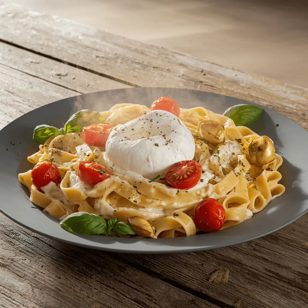 Burrata pasta with basil, garlic, and tomatoes