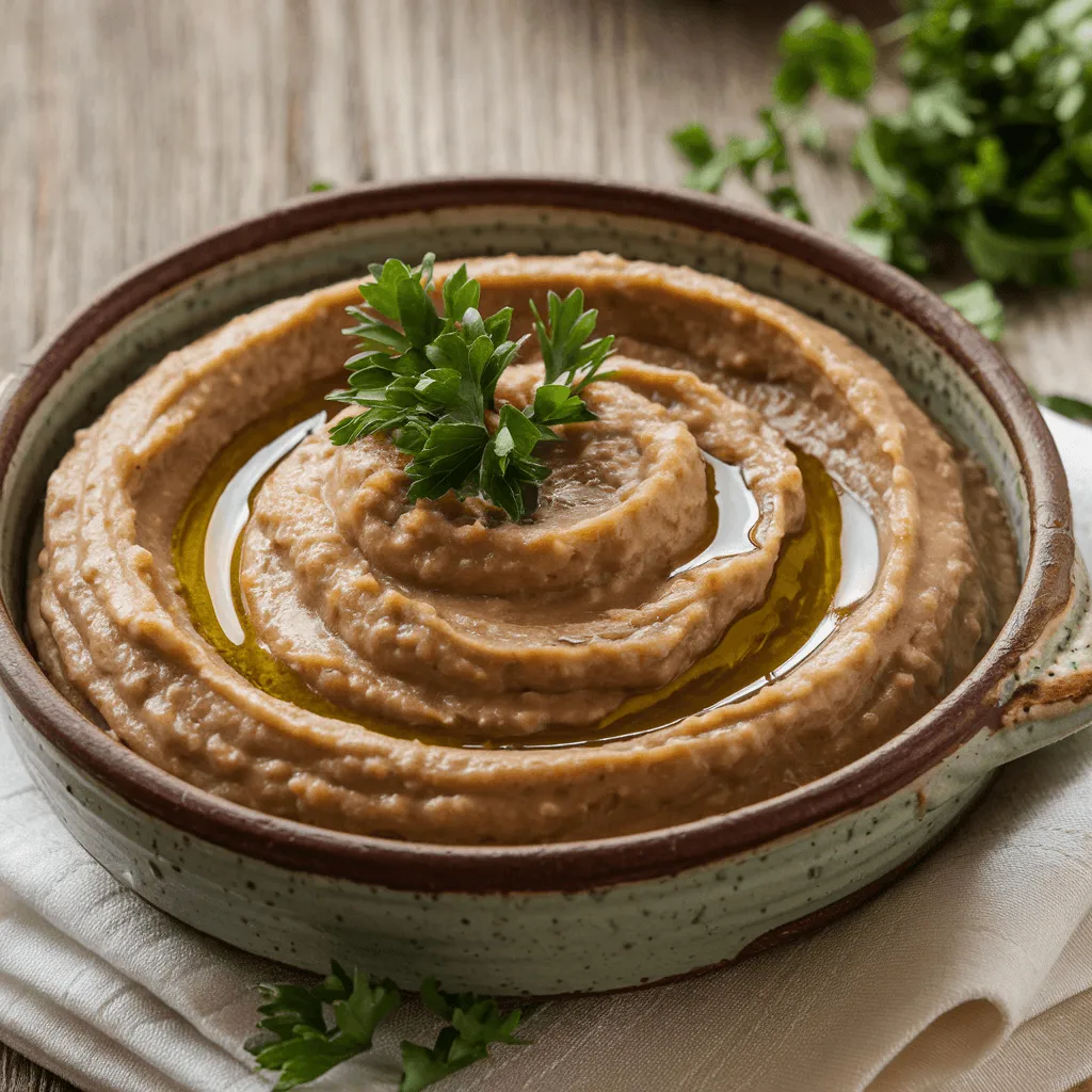 Eggplant puree served in a bowl with fresh herbs