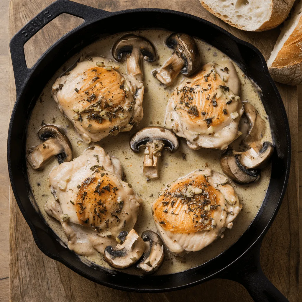 Skillet boneless chicken thighs in creamy garlic sauce