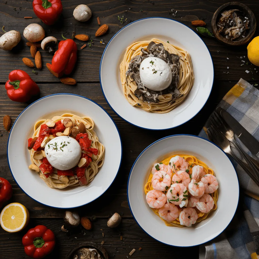 Different variations of burrata pasta on a table