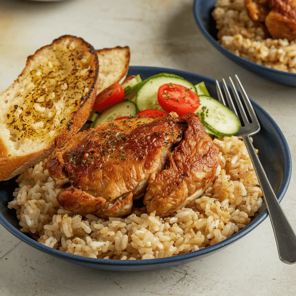 Crispy braised chicken and rice plated with fresh salad and garlic bread