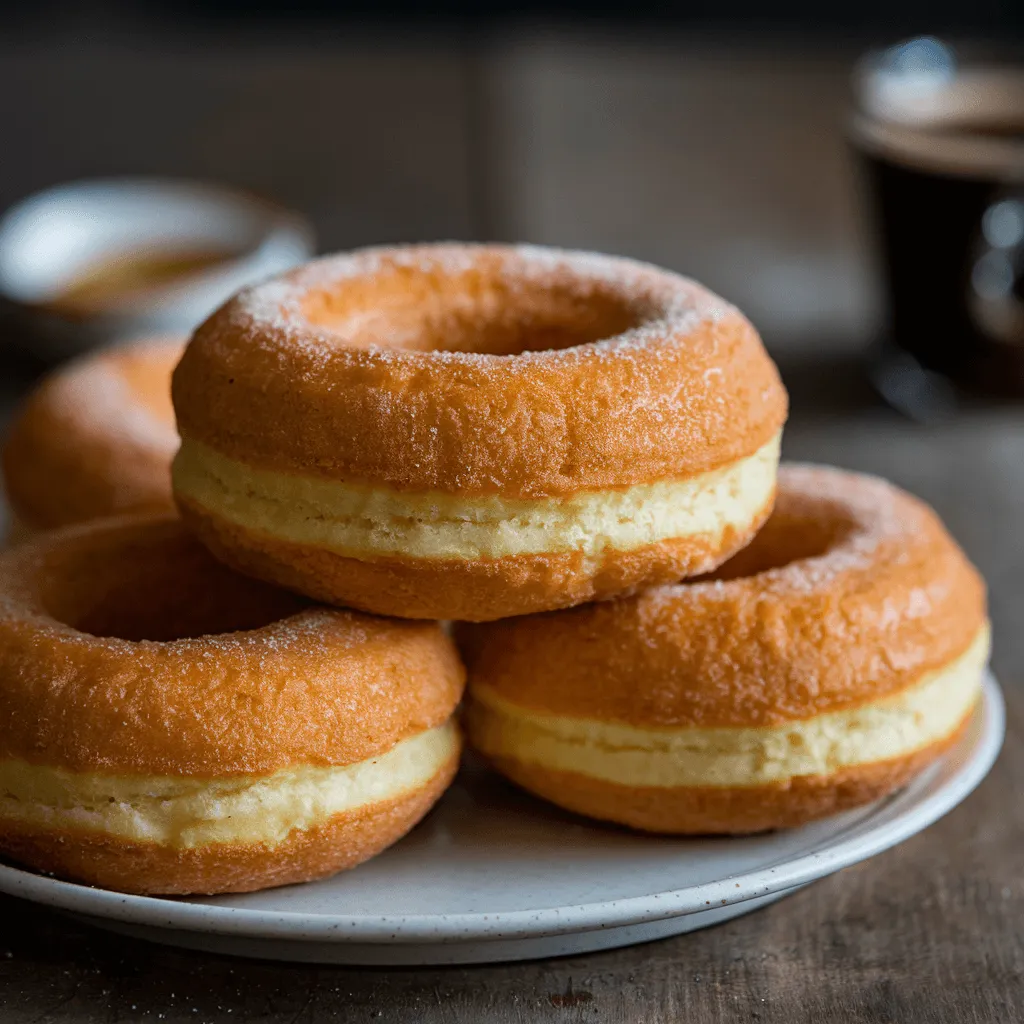 Golden brown buttermilk donuts stacked on a plate