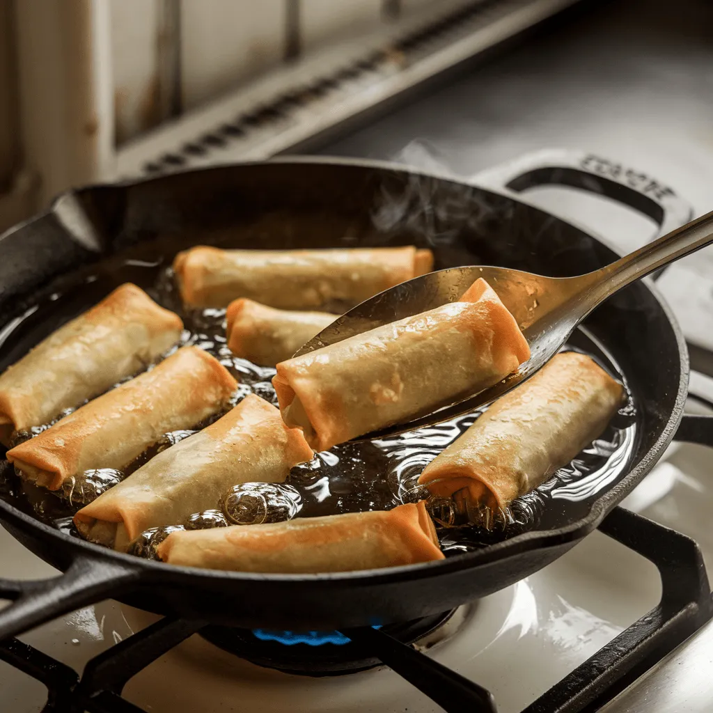 Vietnamese egg rolls frying in hot oil