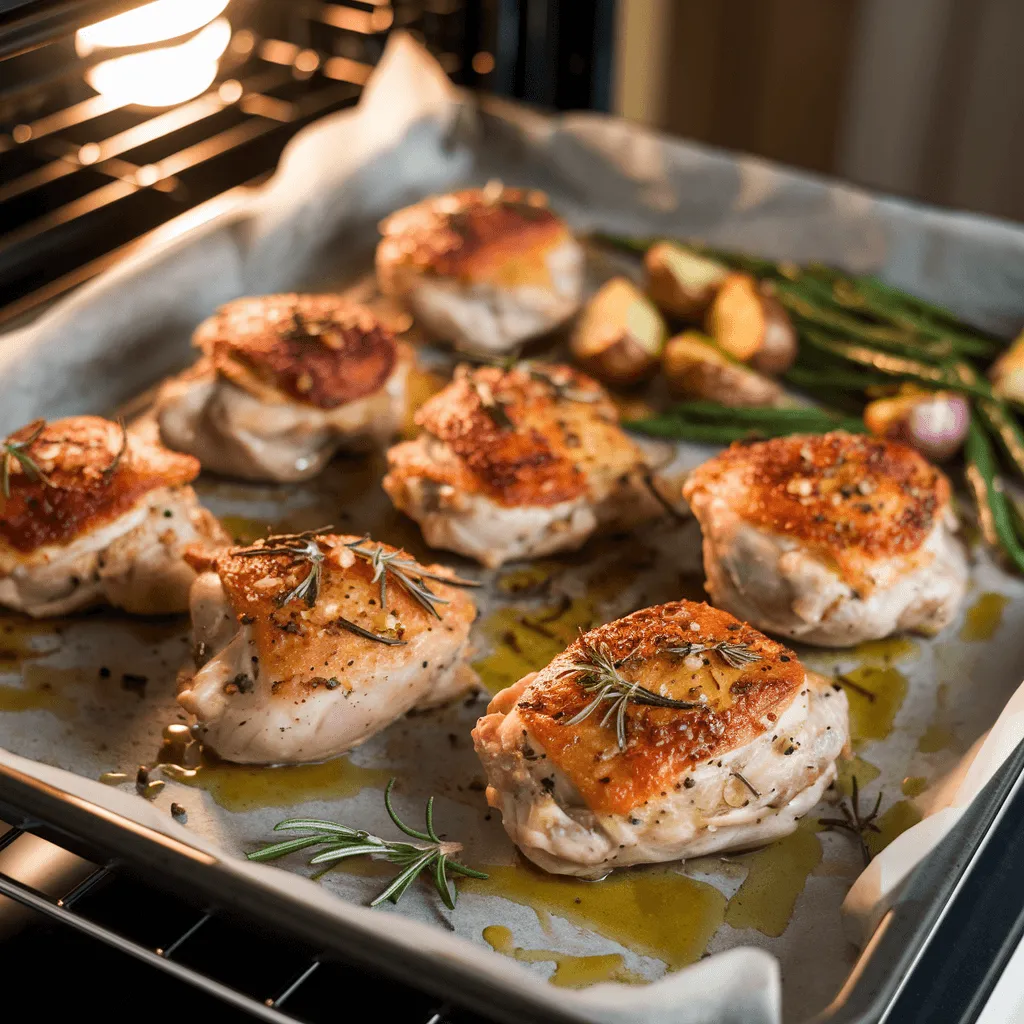 Oven-baked boneless chicken thighs with garlic and herbs