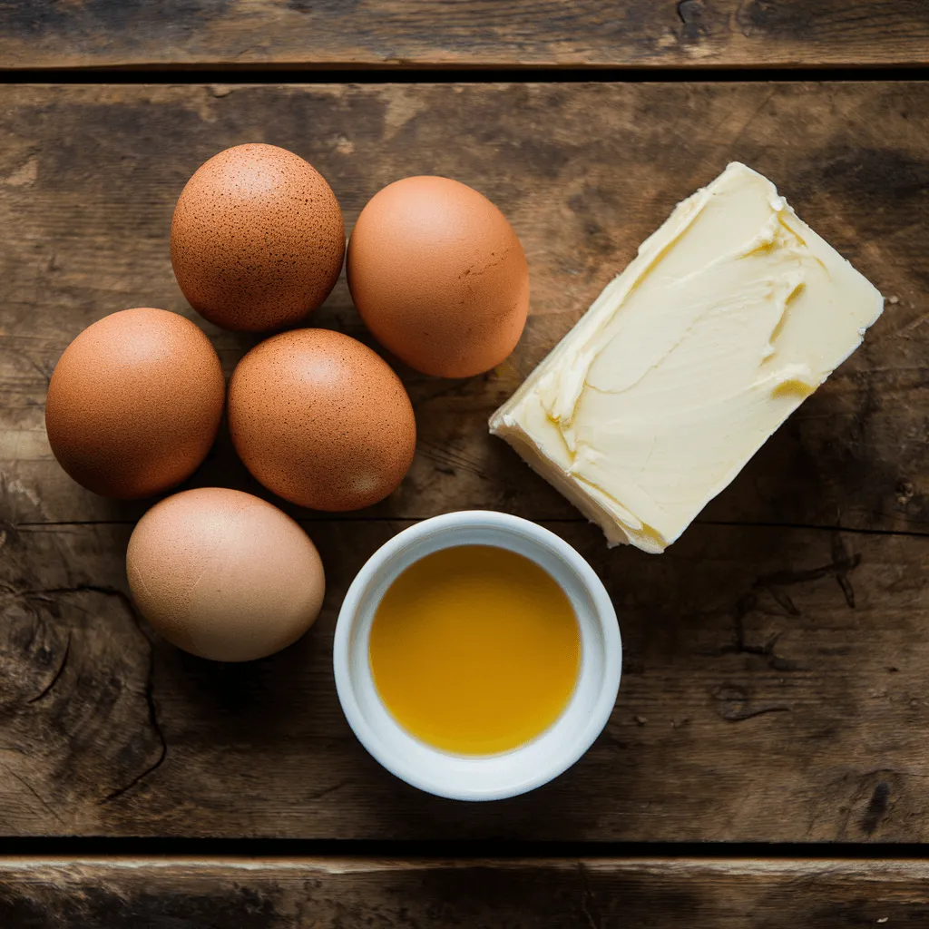 Ingredients for a carnivore bread recipe – eggs, butter, and beef tallow