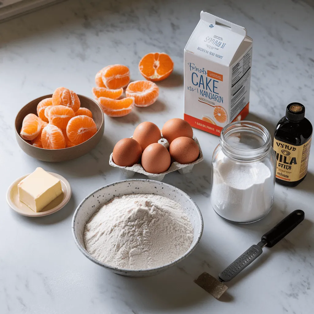 Mandarin orange cake ingredients on a countertop