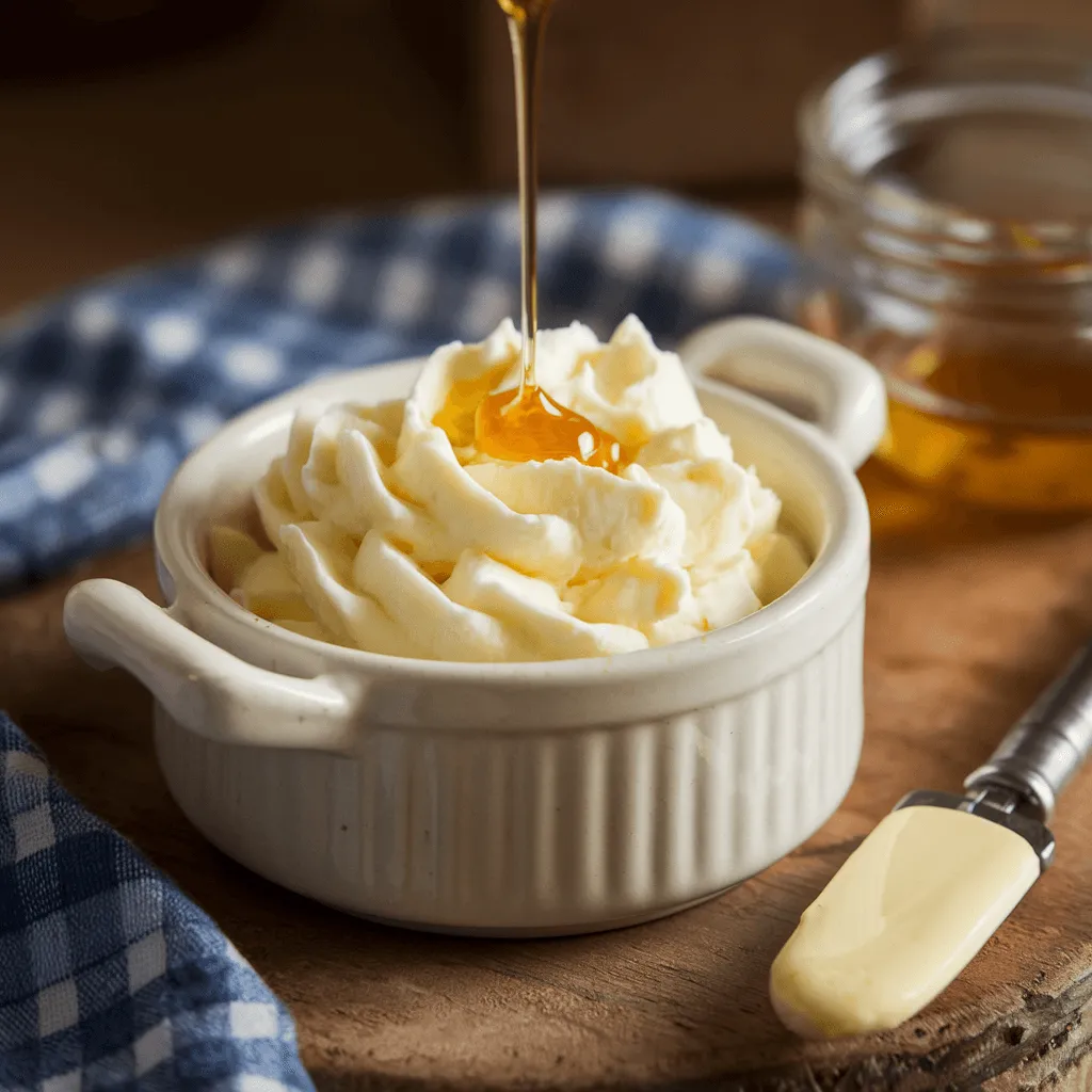 Whipped honey butter in a small dish