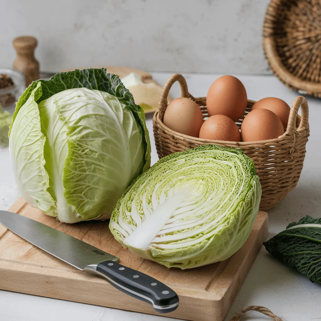 fresh cabbage and eggs for cooking