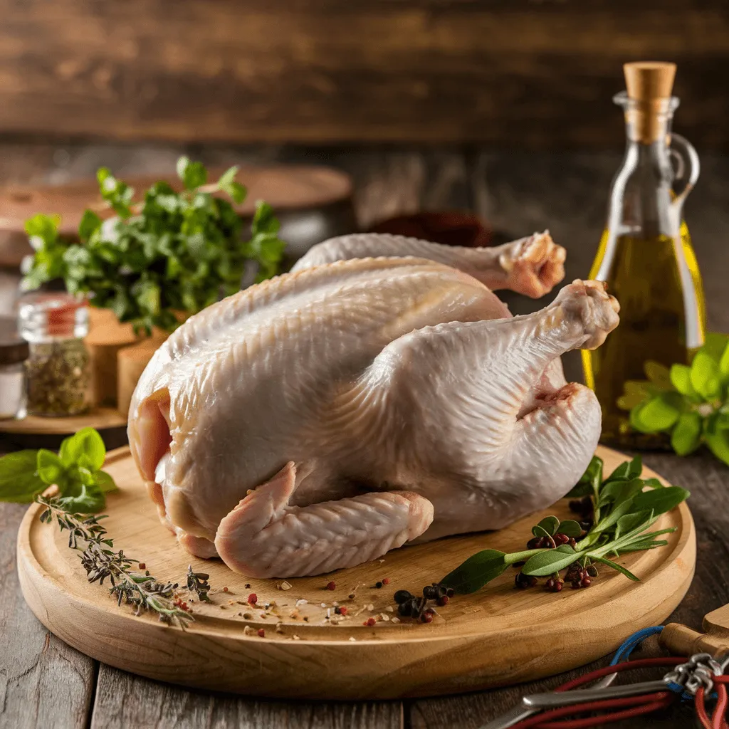 Raw whole chicken on a wooden board, ready for stuffing