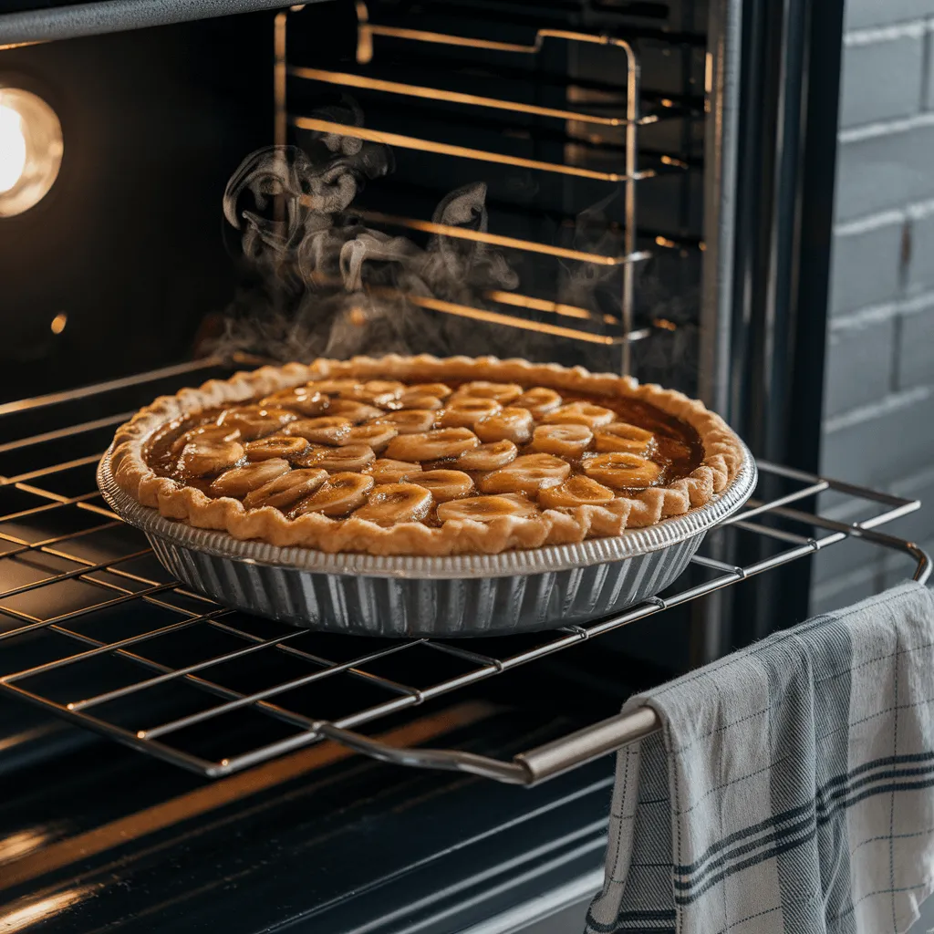 Banana terracotta pie baking in an oven