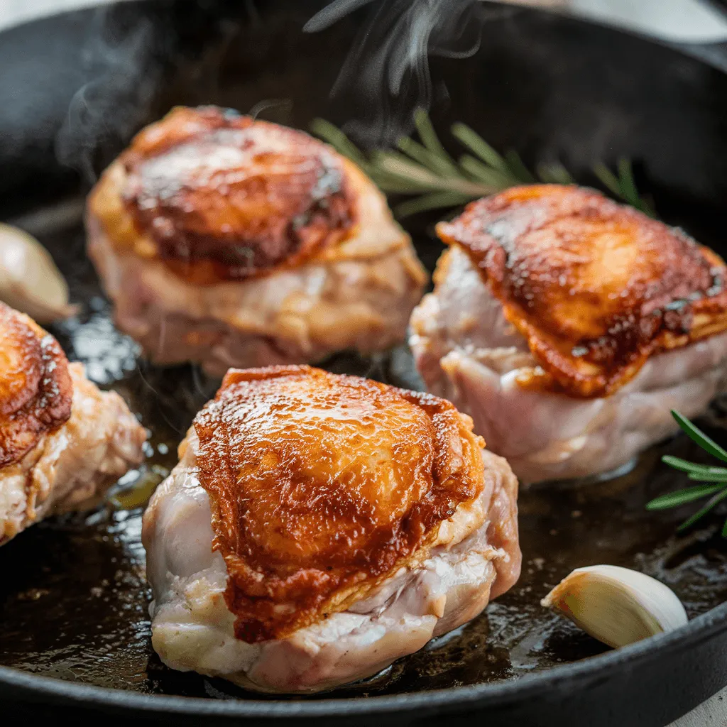 Chicken thighs searing in a pan for crispy braised chicken and rice