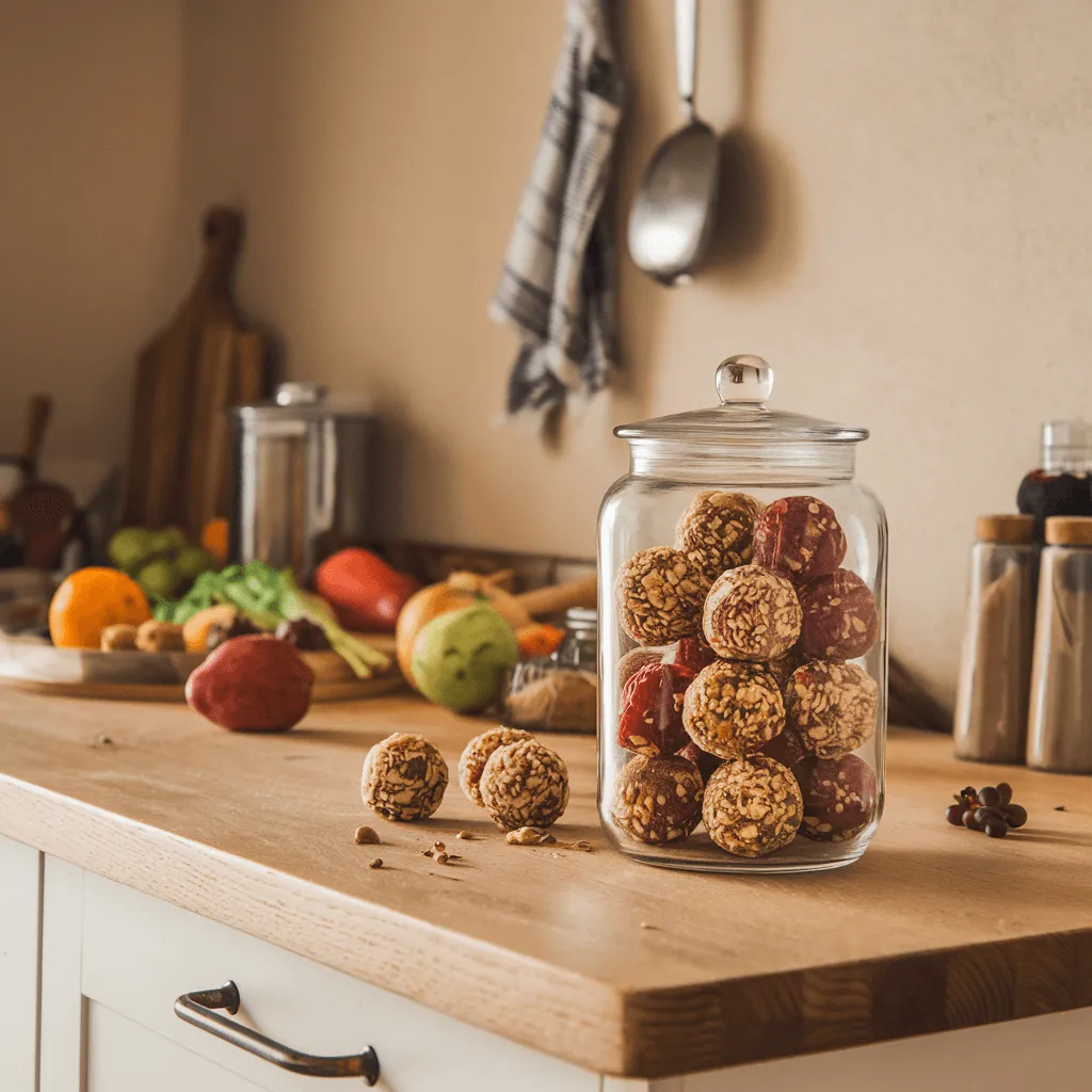 "Healthy energy balls stored in a glass jar"