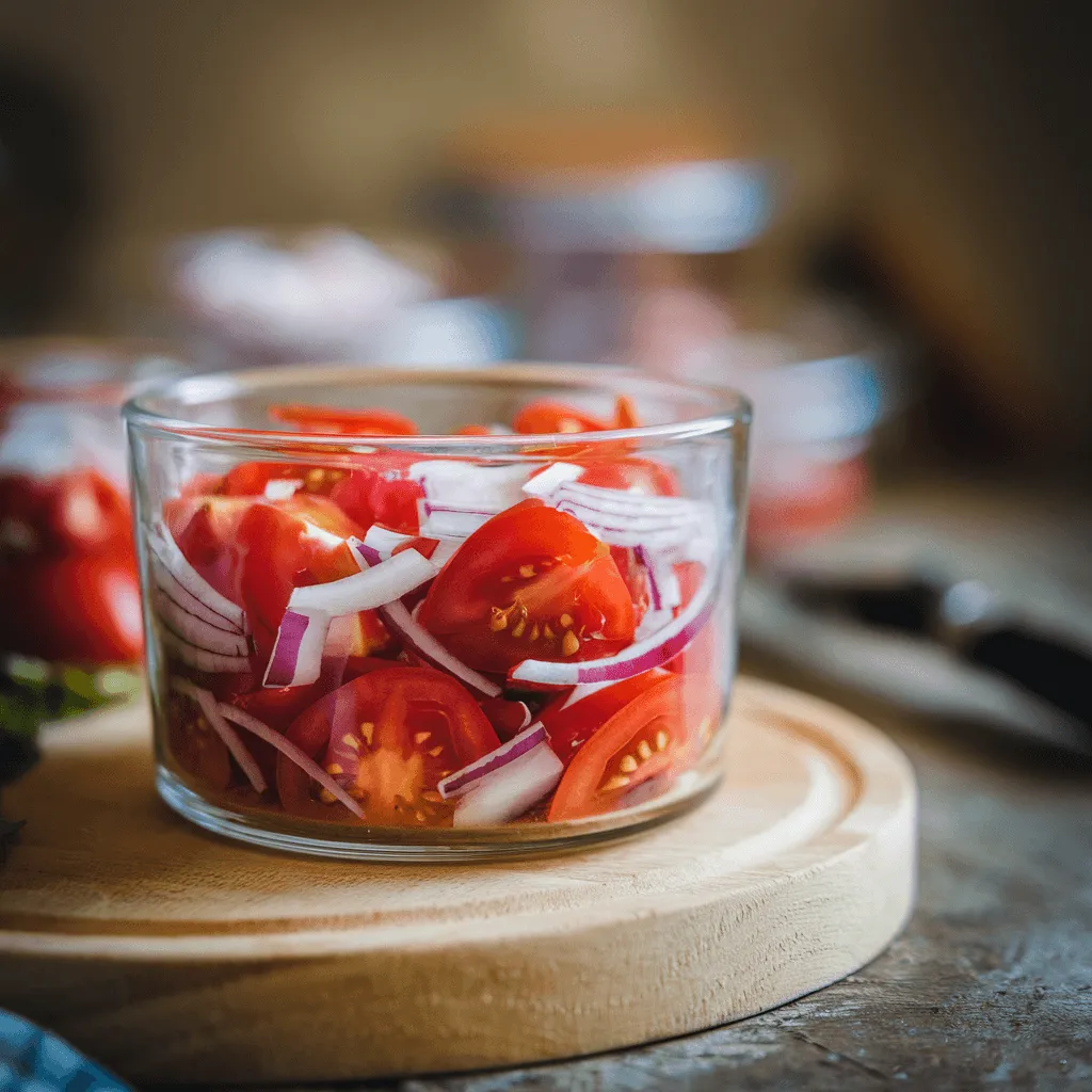 Fresh tomato and onion salad in a glass container